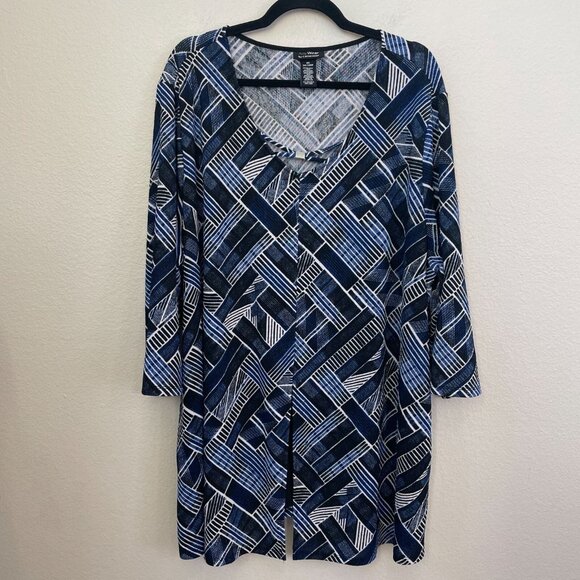 AnyWear By Catherines Plus 3X 26/28W Blue White Abstract Tunic Top Shirt - Picture 6 of 11